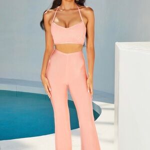NWT Oh Polly Double Date Co-ord S Top XS Bottom Peach Date Event Halter Wide Leg